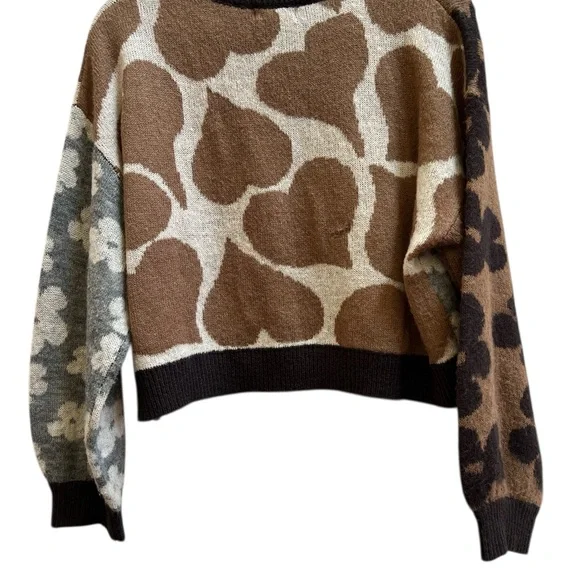 Patchwork Floral Cropped Sweater Neutral Boho Cottagecore Crewneck Small - Picture 2 of 5